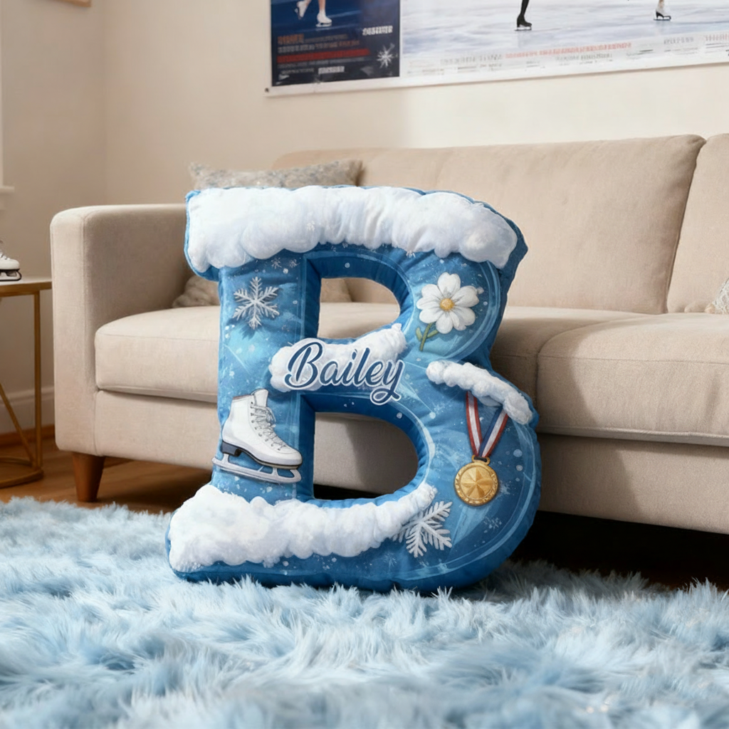 Personalized Graphic 3D Print Snowy Ice Skating Alphabet Shaped Pillow for Ice Skate Lovers Initial Pillow Christmas Gift for Kids