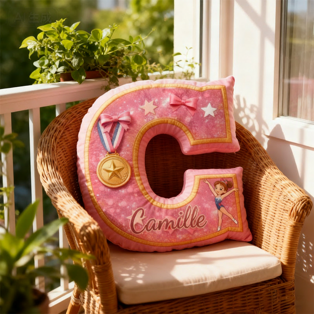 Personalized Graphic 3D Print Gliiter Style Sweet Gymnastic Alphabet Shaped Pillow for Gymnastic Lovers Initial Pillow Christmas Gift for Kids