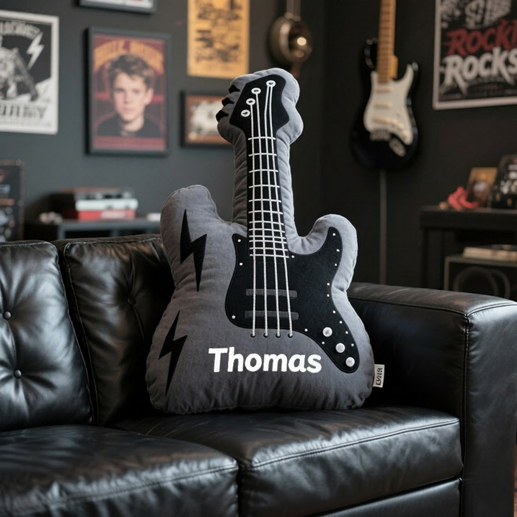 Personalized Graphic 3D Print Electric Guitar Pillow With Your Own Name Soft Stuffed Toy for Rock Music Lovers Unique Decorative Cushion for Boys' Room and Music Room