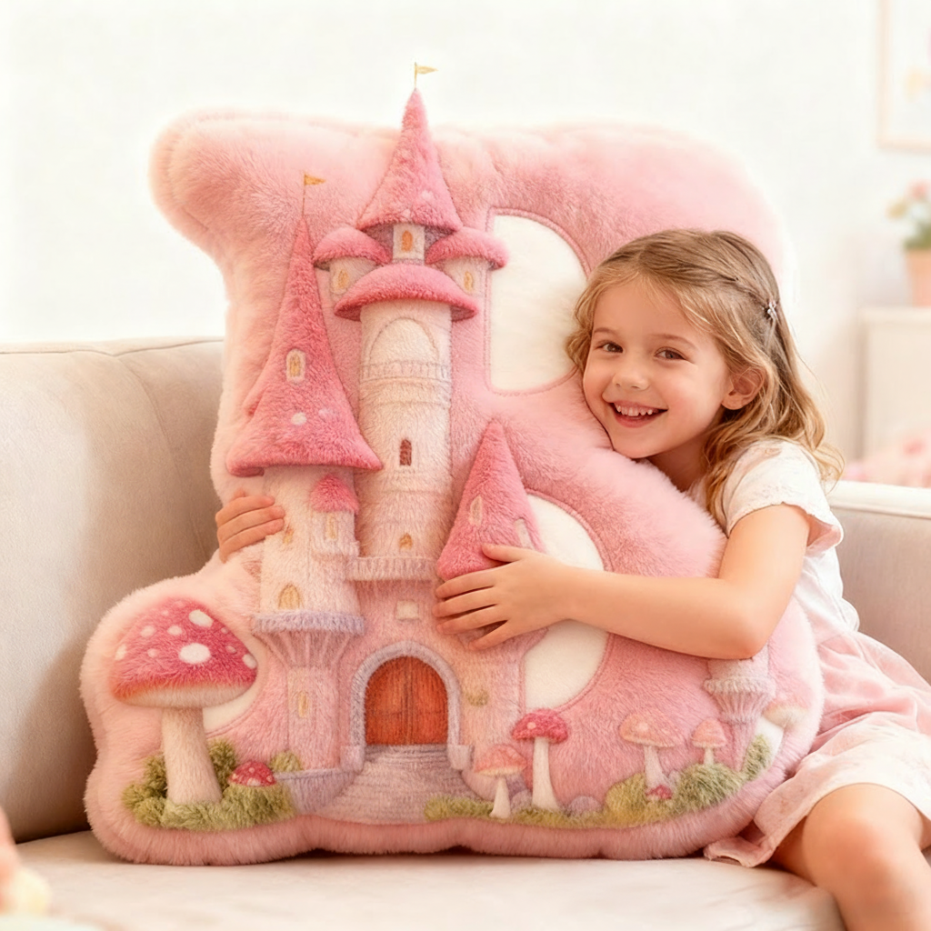 Personalized Letter Pillow with Mushroom House Design Pink Fairy Tale Theme Enchanted Tower and Magical Decorative Touch Graphic 3D Print Pillow