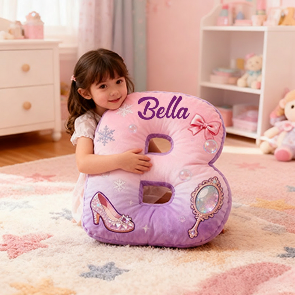 Personalized Colorful 26Letters Magic Mirror and Crystal Shoe Cute Graphic 3D Print Pillow Cute Magic Beautiful Letter Custom Pillow Gift for Kids