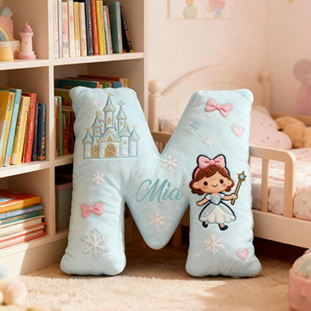 Personalized Light Blue Letter Christmas Gift Pillow with Castle Bow Accents and Fairy Princess Design for a Magical and Whimsical Touch 3D Print Pillow