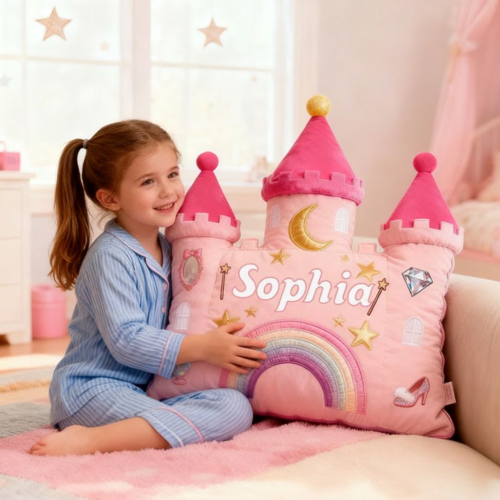 Personalized Castle Pillow with Rainbow Stars and Moon Design for Magical and Cozy Fairy Tale Pillow Custom Pillow Christmas Gift for Kids