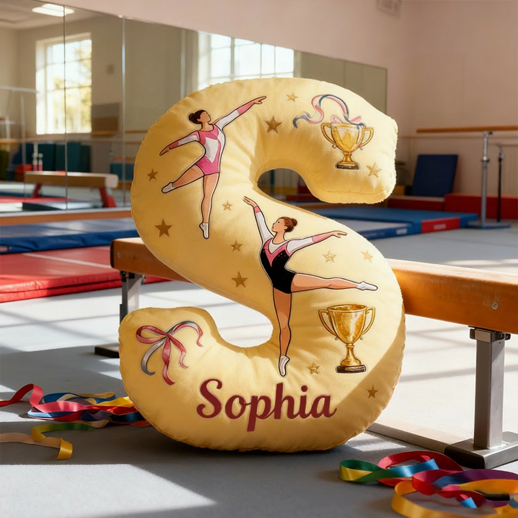 Personalized Graphic 3D Print Yellow Gymnastic Alphabet Shaped Pillow for Gymnastic Lovers Initial Pillow Christmas Gift for Kids