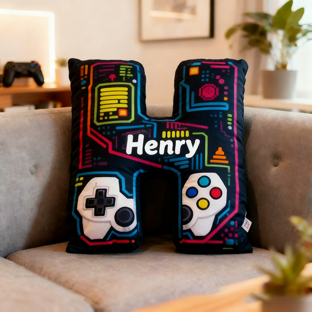 Personalized Graphic 3D Print Game Controller Letter Pillow for Game Lovers Plush Pillow Christmas Birthday Gift for Kids