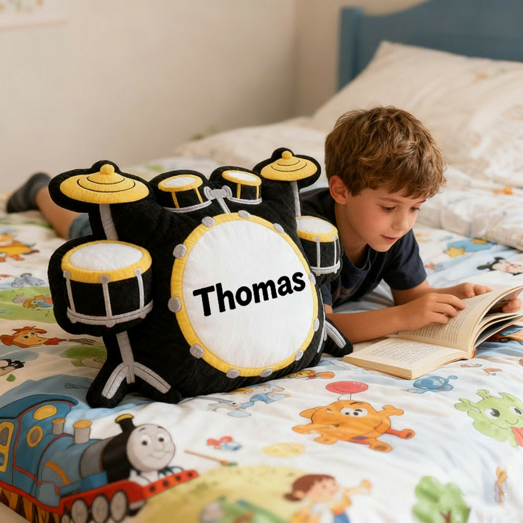 Personalized Graphic 3D Print Drum Set Pillow With Your Own Name Soft Stuffed Toy for Kids Unique Decorative Cushion for Boys' Room and Music Room
