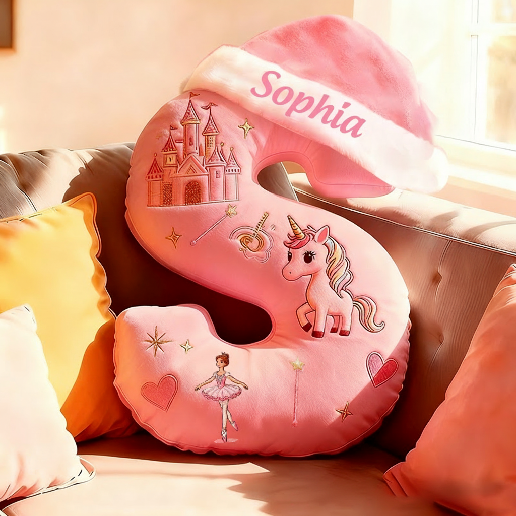 Personalized Pink Letter Pillow with Santa Hat Castle Ballerina Stars and Fairytale-Inspired Design Magic Graphic 3D Print Pillow