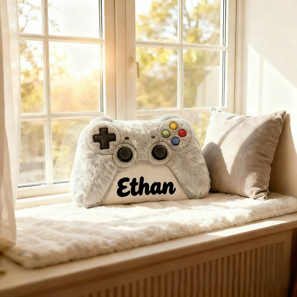 Personalized Graphic 3D Print Grayish White Game Controller Shaped Pillow for Game Lovers Plush Pillow Christmas Gift for Kids