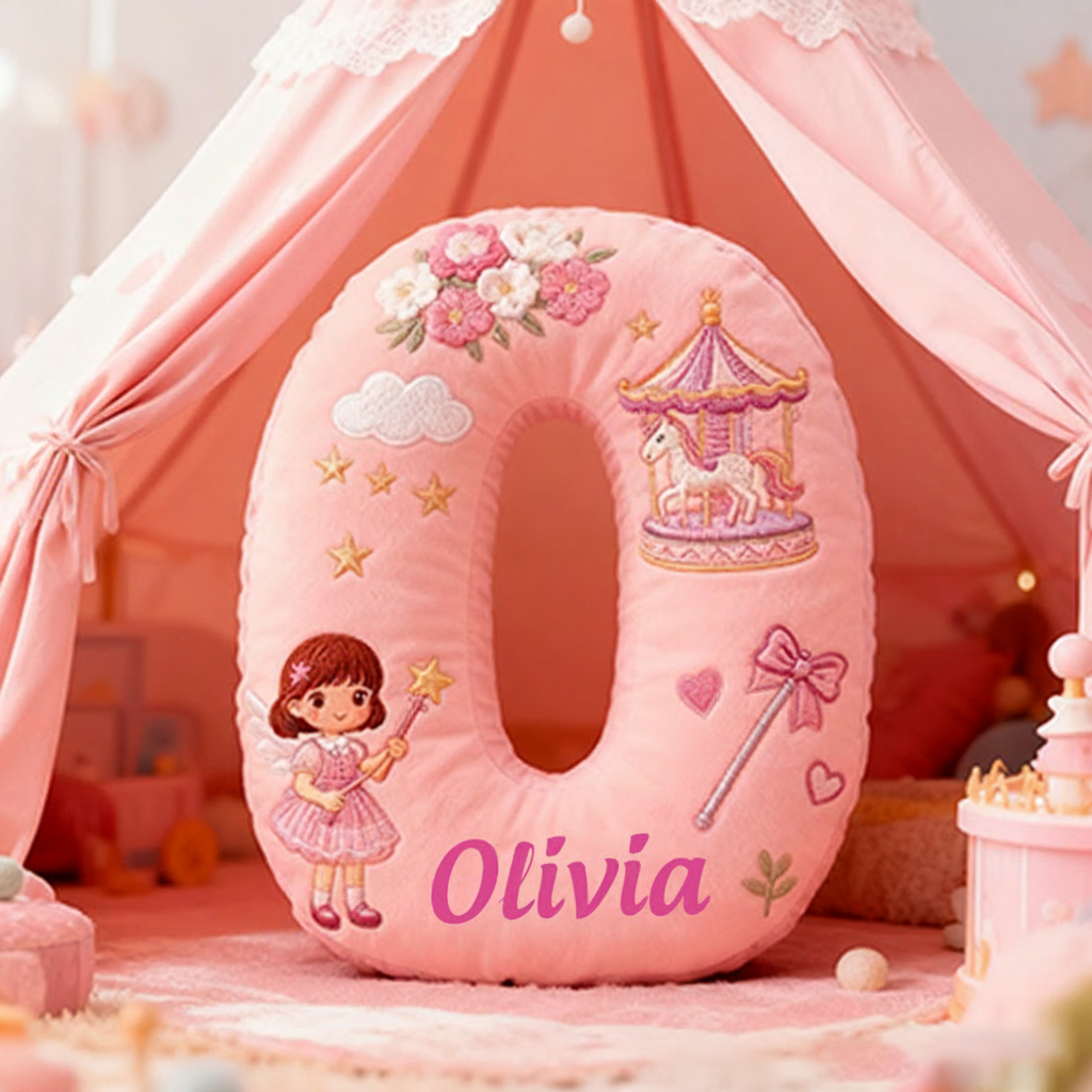 Personalized Pink Letter Christmas Gift Pillow Pink Fairy Tale Design Carousel Magic Wand Flowers and Whimsical Embroidery Graphic 3D Print Pillow
