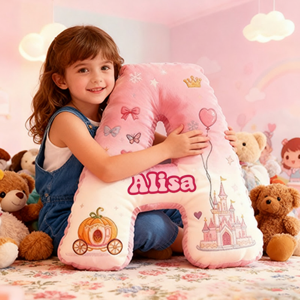 Personalized Letter Christmas Gift Pillow Princess Theme Castle Pumpkin Carriage Crown Balloons and Whimsical Fairy Tale Design Graphic 3D Print Pillow