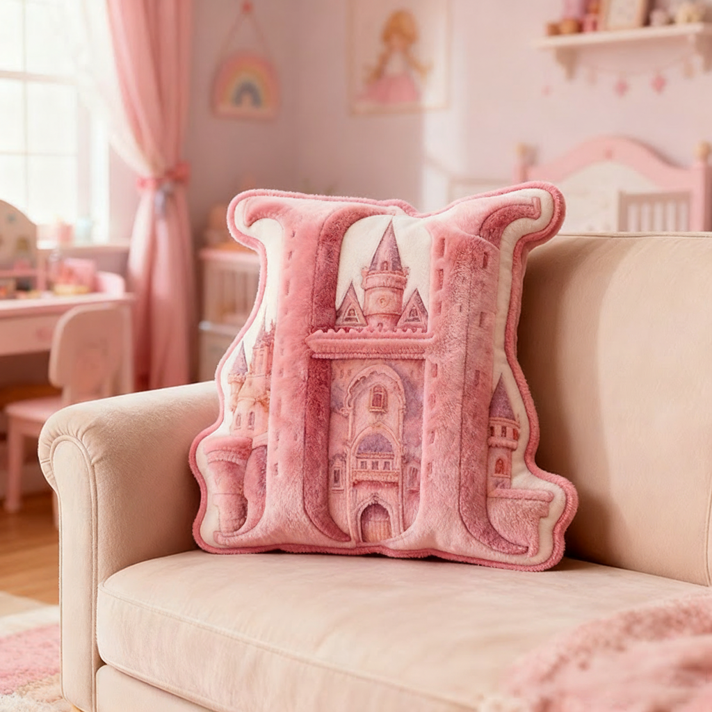Personalized Pink Letter Christmas gift Pillow with Fairy Tale Castle Design Pink Fantasy Theme Dreamy Princess Style Graphic 3D Print Pillow