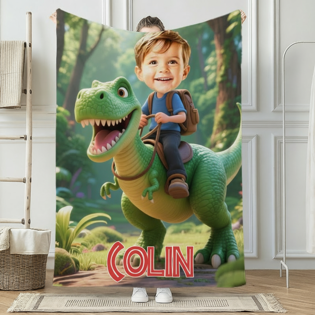 Personalized Cartoon Photo Dinosaur Movie Blanket Kids Flannel Blanket Movie Blanket with Name for Boys Son