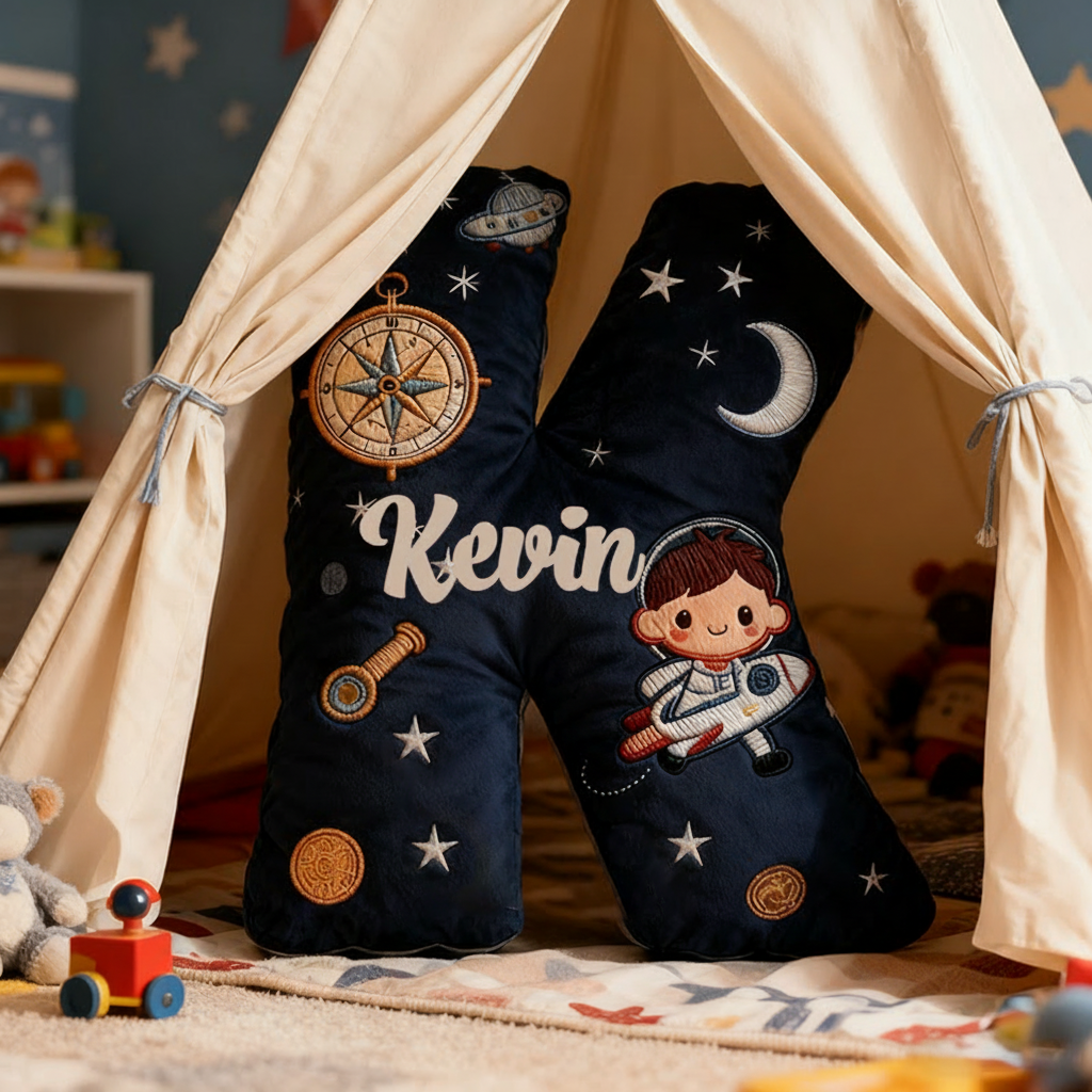 Personalized Space Themed Christmas Gift Pillow with Stars Moon Spaceship Compass Telescope and Astronaut Design Graphic 3D Print Pillow