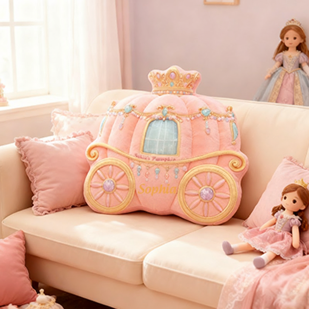 Personalized Princess Carriage Christmas Gift Pillow Soft Pastel Pink Theme and Custom Name Fairy Tale Inspired Room for Kids