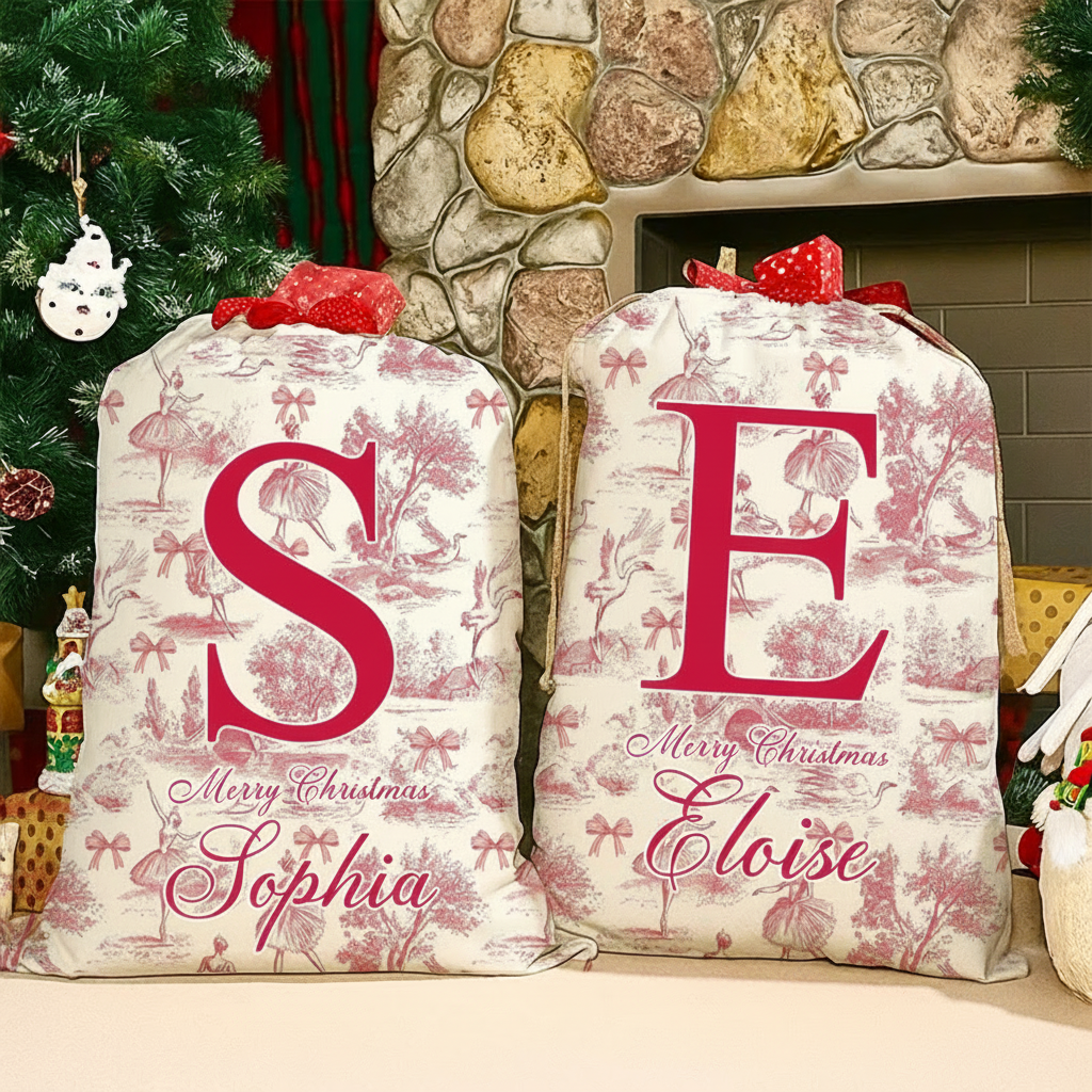 Personalized Vintage Toile De Jouy Ballet Initial Canvas Drawstring Gift Bag with Name Christmas Gift for Family Friends Dance Lovers