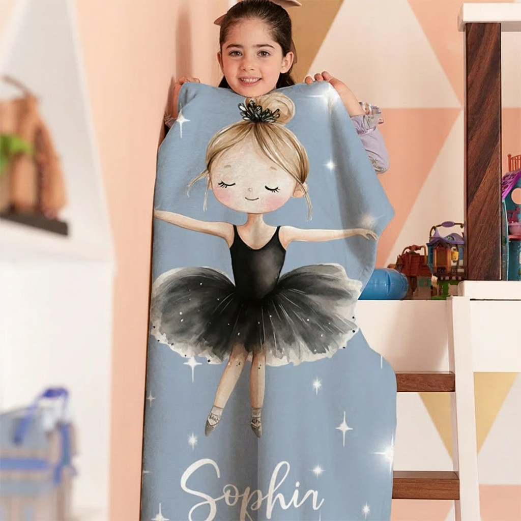 Personalized Cartoon Ballerina Girl Blanket Flannel Blanket Ballet Lover Blanket with Name for Dance Lovers Dancer