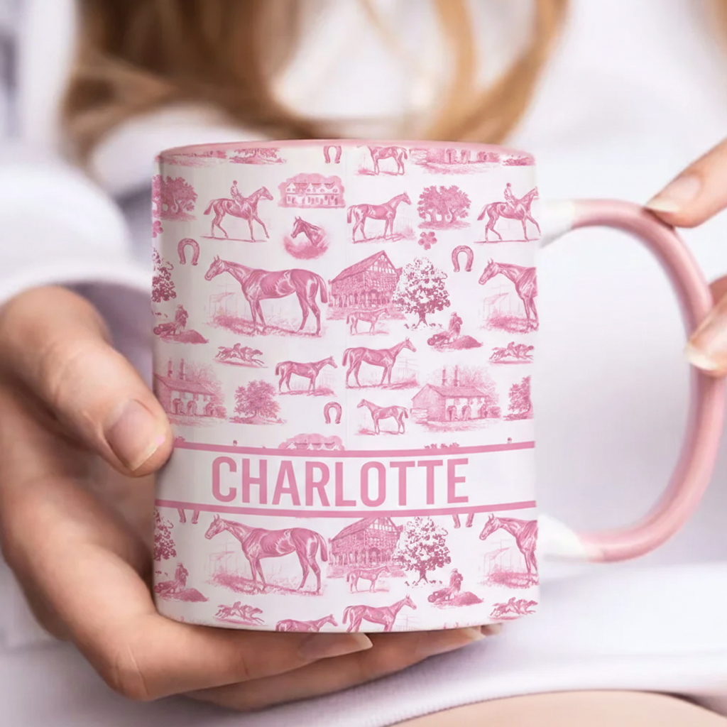 Personalized Multicolor Equestrianism Pattern Ceramic Coffee Mug with Text Anniversary Birthday Gift for Equestrians Cowgirls