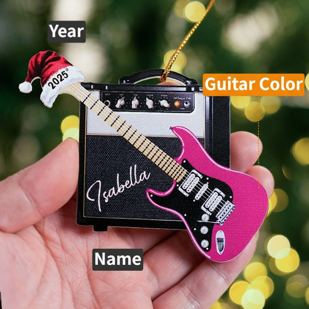 Personalized 3D Effect Retro Guitar Amp Santa Hat Ornament with Name and Year Holiday Decor Christmas Gift for Guitarists Guitar Lovers