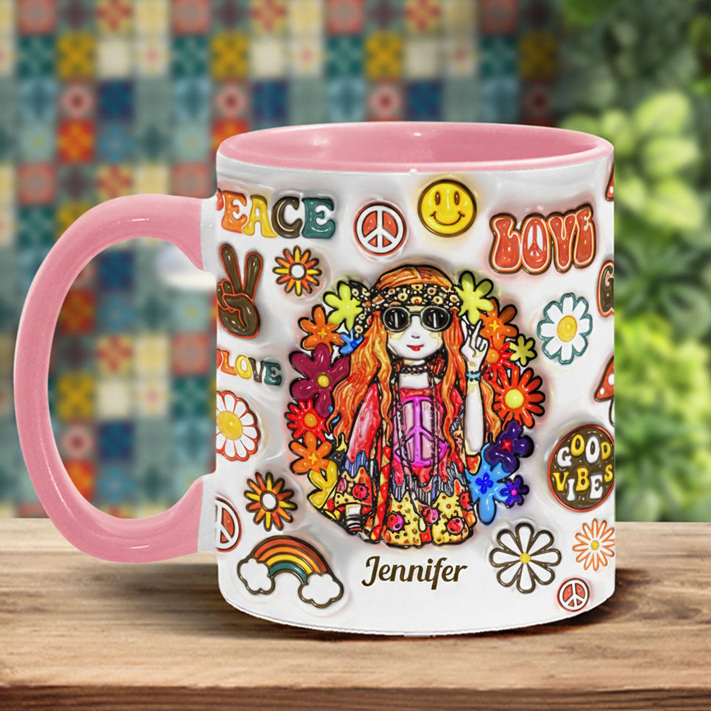 Personalized Name Hippie Accent Mug Hippie Girl Hippie Soul Peace Love Mug for Music Lover Gift