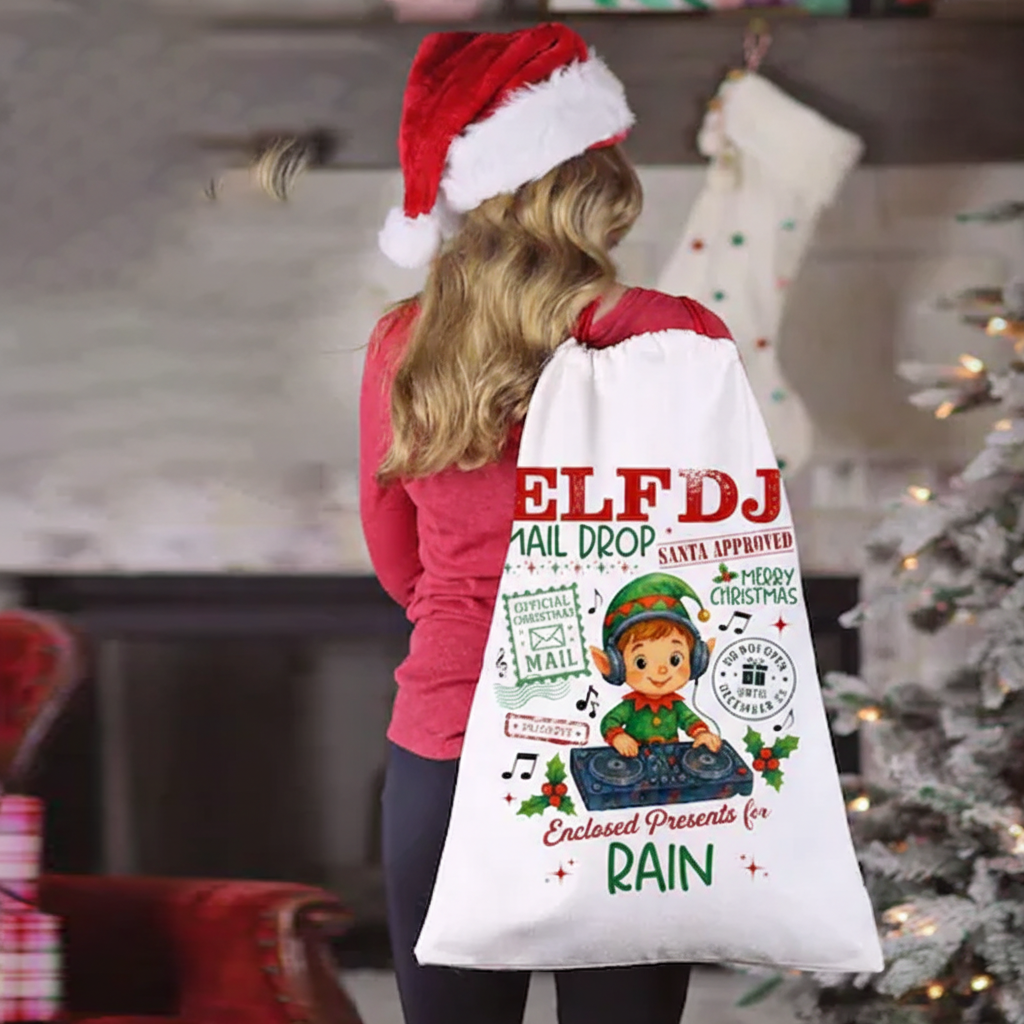 Personalized Elf Santa Bag Custom Christmas Gift Bag for Kids Music Lover Custom Name Gift Bag for Boys Christmas Gift Sack Xmas Presents Sack