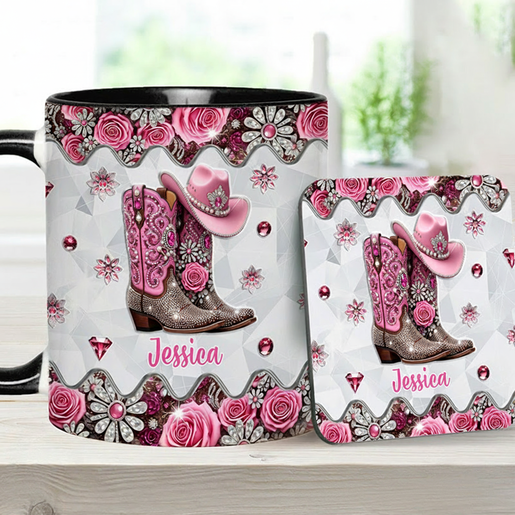Personalized Name Cowgirl Accent Mug Custom Cowgirl Boots Gift for Music Lover Without Coaster