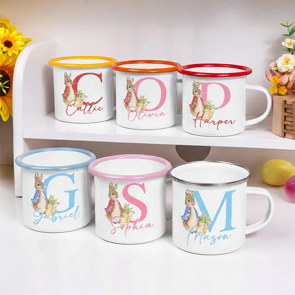 Personalized Cute Rabbit Bunny Enamel Mug with Initial and Name Back to School Birthday Easter Gift for Kids