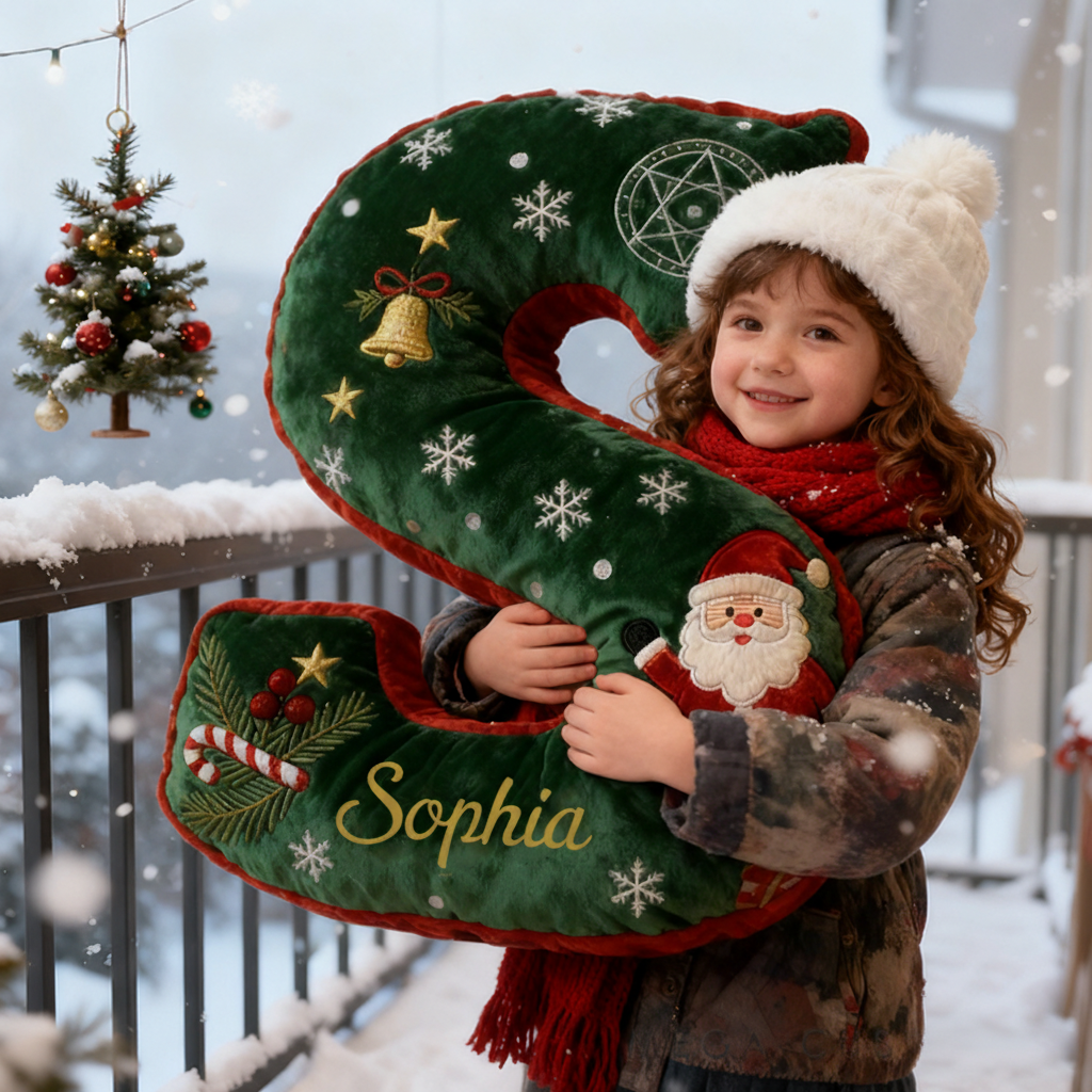 Personalized Letter Christmas Pillow with Name Festive Green and Red Design Custom Name Graphic 3D Print Pillow Christmas Gift