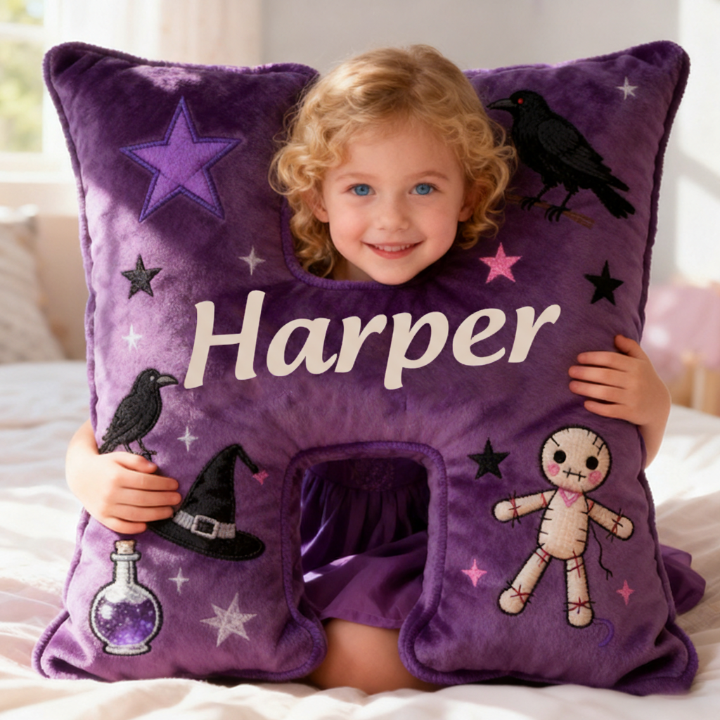 Personalized Purple Letter Pillow with Name Purple Witchy Theme and Mystical Design Graphic 3D Print Pillow
