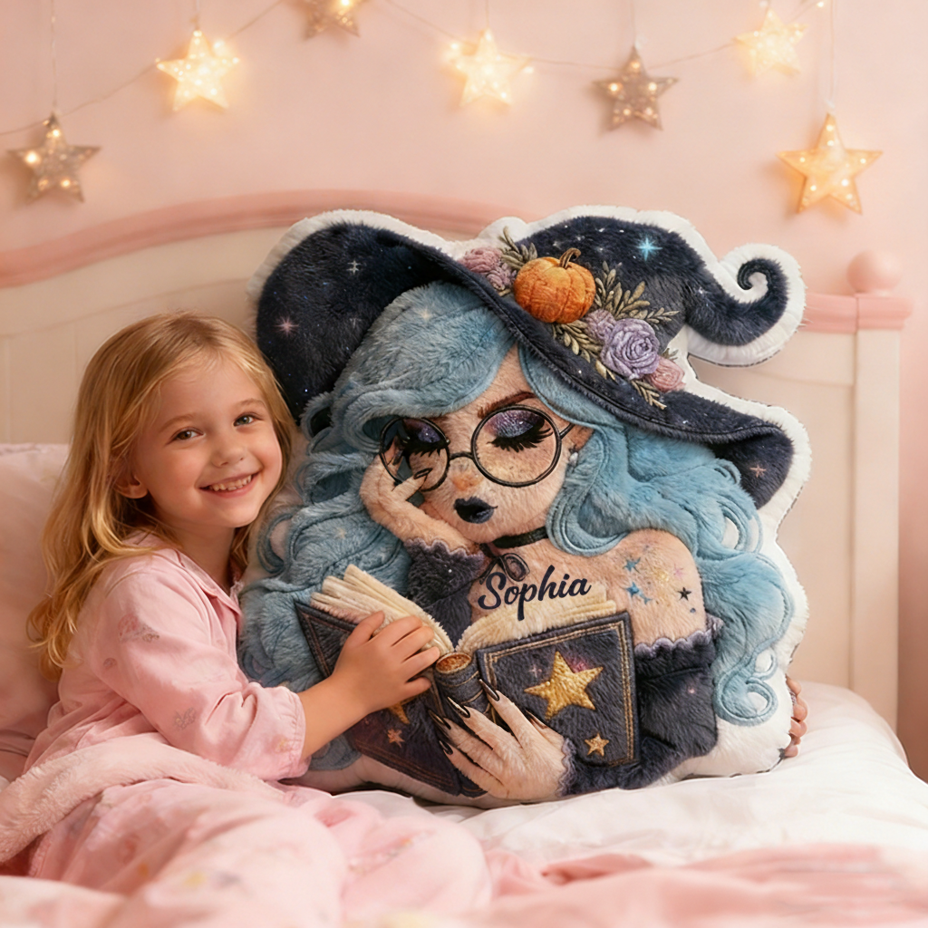 Personalized Name Witch Pillow with Magic Booka and Enchanting Mystical Design Graphic 3D Print Pillow for Kids