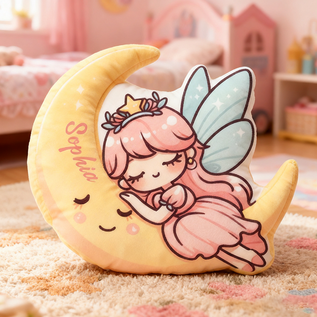 Personalized Name Moon and Pink Princess Pillows with Sparkling Wings Star Crown and Whimsical Pastel Dream Design Graphic 3D Print Pillow for Kids