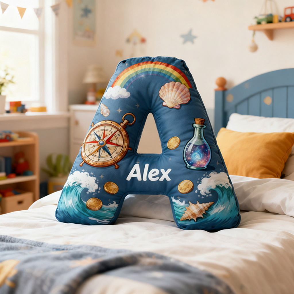 Personalized Nautical Adventure Pillow with Compass Waves Rainbow Shells Gold Coins and Magic Bottle Design Graphic 3D Print Pillow