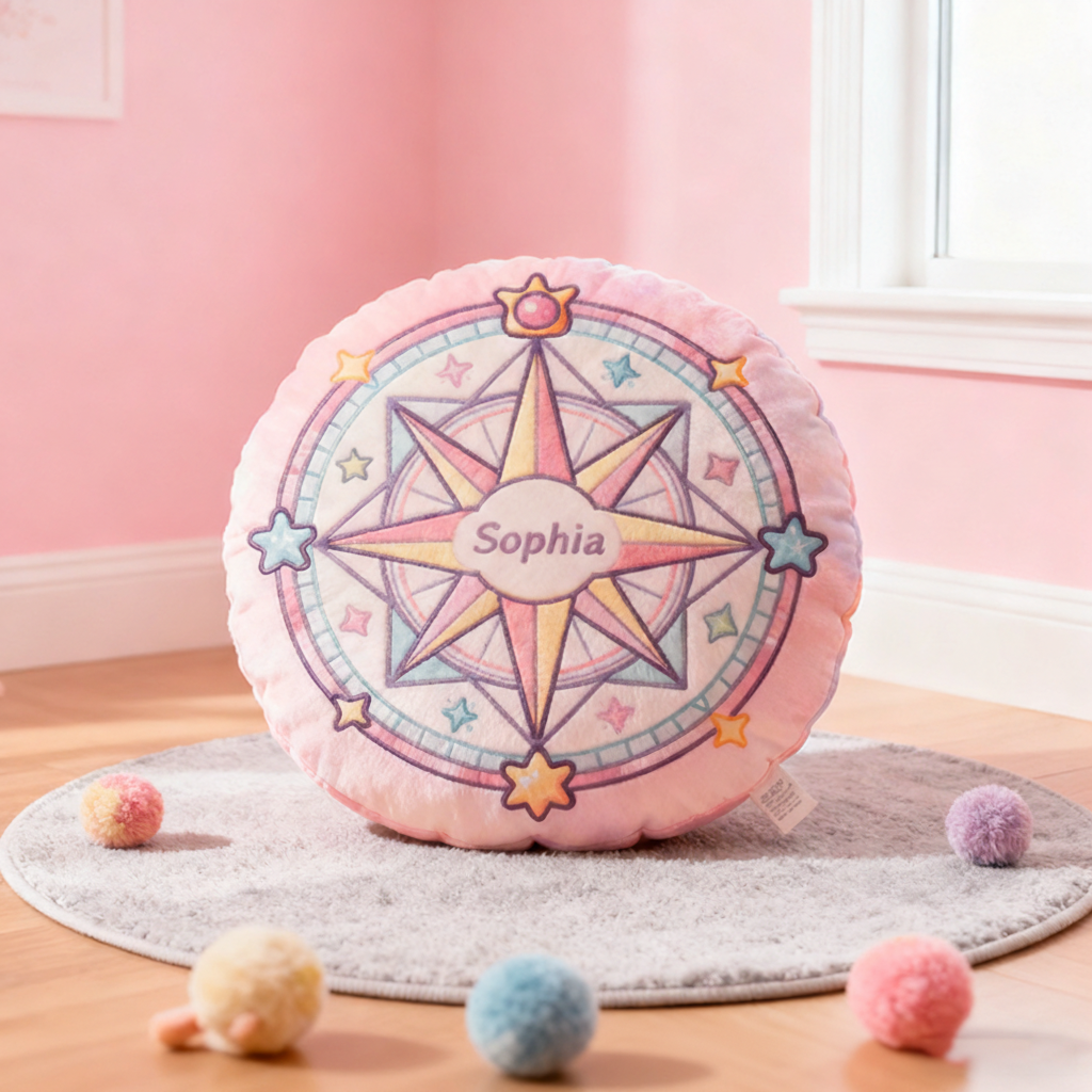 Personalized Round Pink Christmas gift Pillow with Star Compass Pastel Colors Magical Design and Cute Decorative Elements Graphic 3D Print Pillow