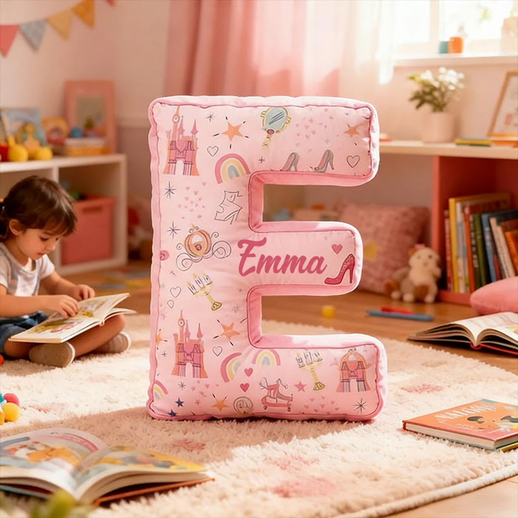 Personalized 26 Letters Christmas Gift Pink Pillow with Castles Rainbows Stars and Whimsical Fairy Tale Design Graphic 3D Print Pillow for Kids