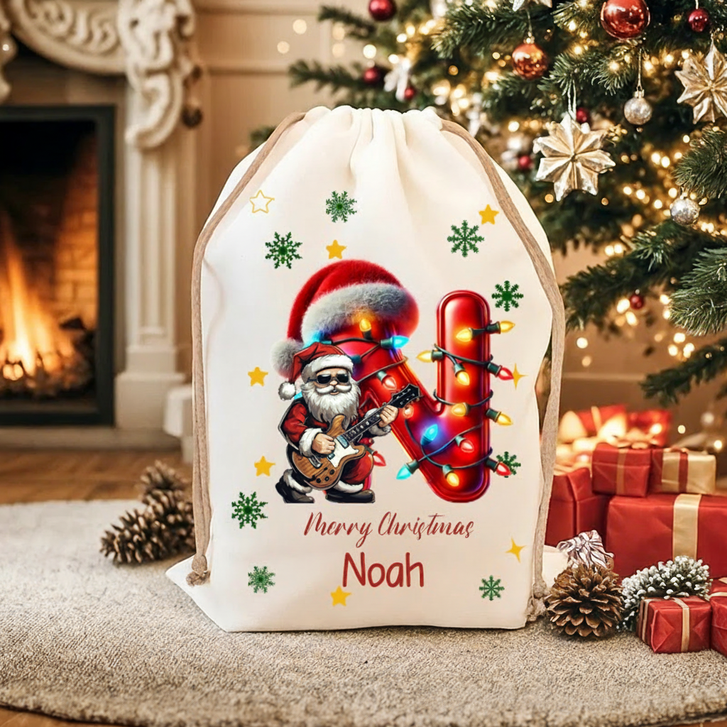 Personalized Cartoon Character Christmas Hat Light Strip Initial Large Gift Christmas Bag With Name Christmas Festival Party Gift for Music Lover
