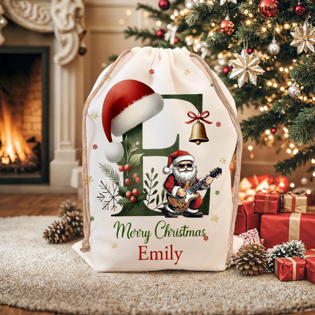Personalized Music Lover Bell Santa Hat Initial Drawstring Canvas Gift Bag with Name Christmas Party Gift Christmas Sack