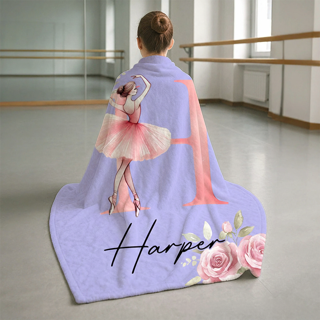 Personalized Rose Cartoon Ballerina Girl Blanket Flannel Blanket Ballet Lover Blanket with Name for Dance Lovers Dance Team Birthday Gift for Girls