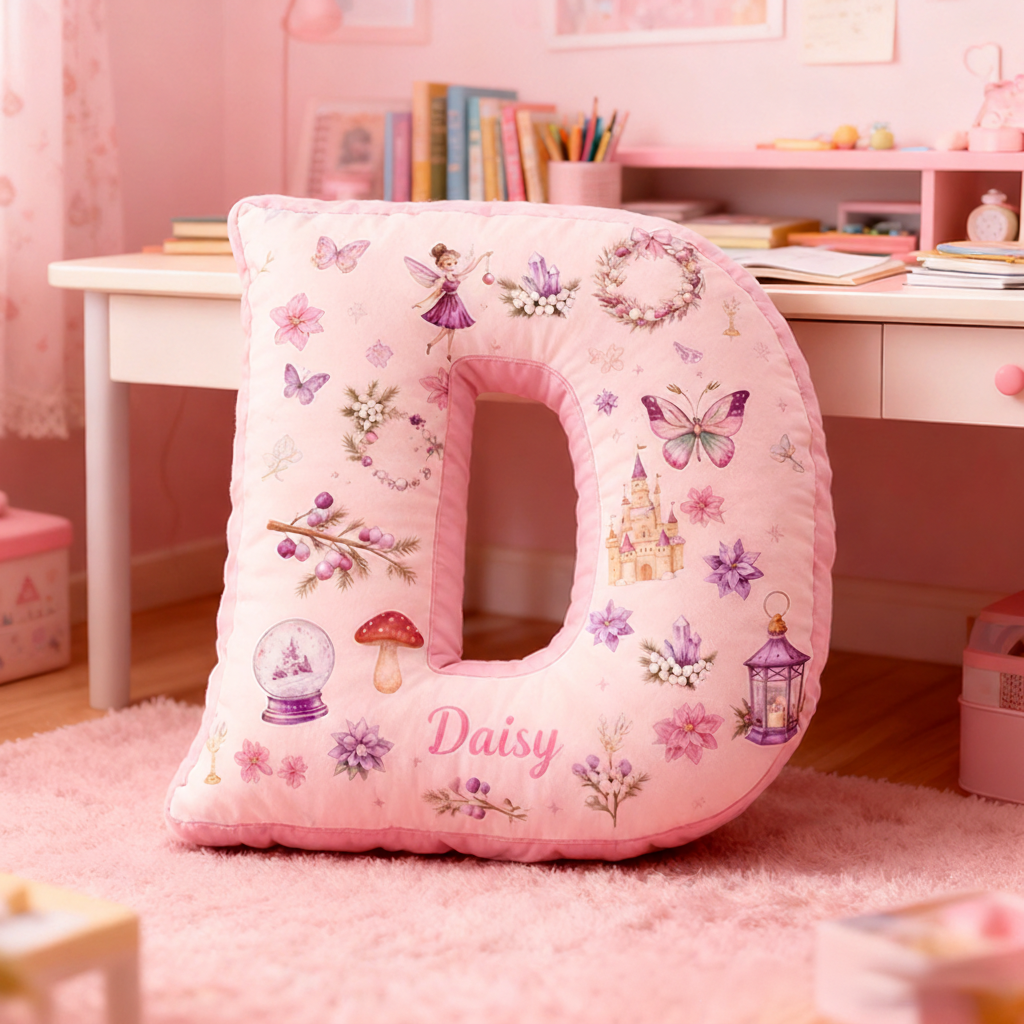 Personalized 26 Letters Pillow with Castles Butterflies Flowers Snow Globes Lanterns and Whimsical Pastel Fairy Tale Design Graphic 3D Print Pillow