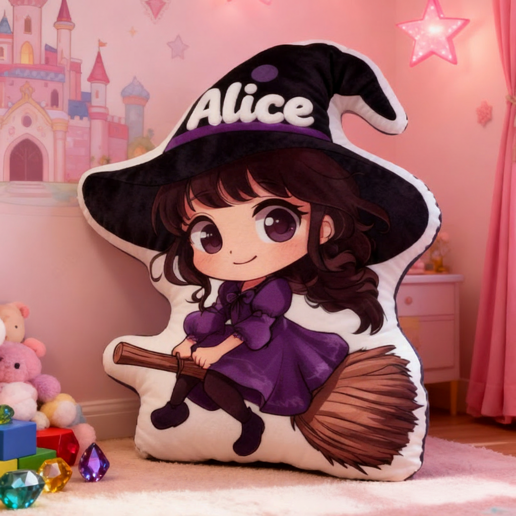 Personalized Graphic 3D Print Magic Witch Pillow with Your Name Soft Stuffed Toy for Kids Unique Decorative Cushion for Girls' Room