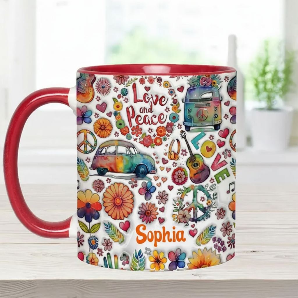 Personalized Hippie Accent Mug Love and Peace Accent Mug Flower Van Guitar Peace Sign Coffee Mug Ceramic Mug Custom Mug