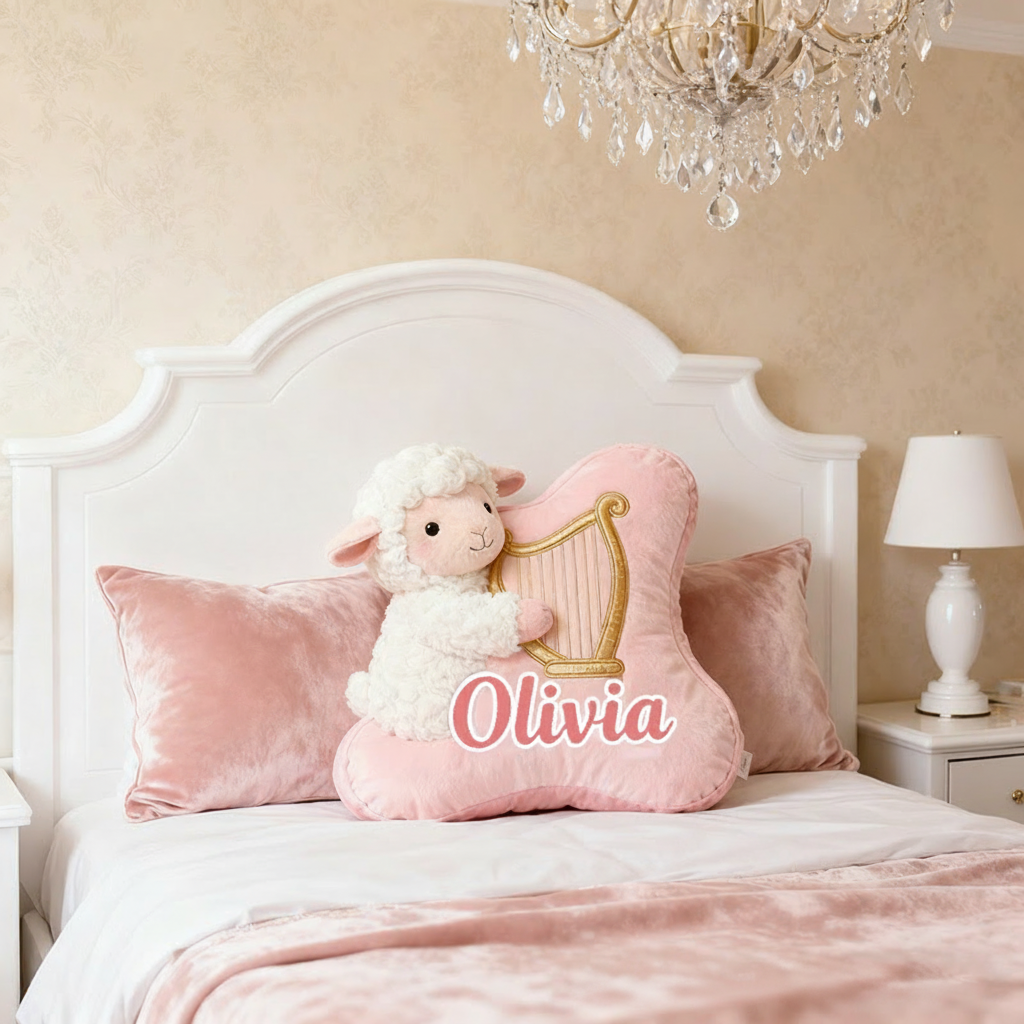 Personalized Graphic 3D Print Pink-White Sheep & Harp Pillow With Your Own Name Soft Stuffed Toy for Kids Unique Decorative Cushion for Girls' Room
