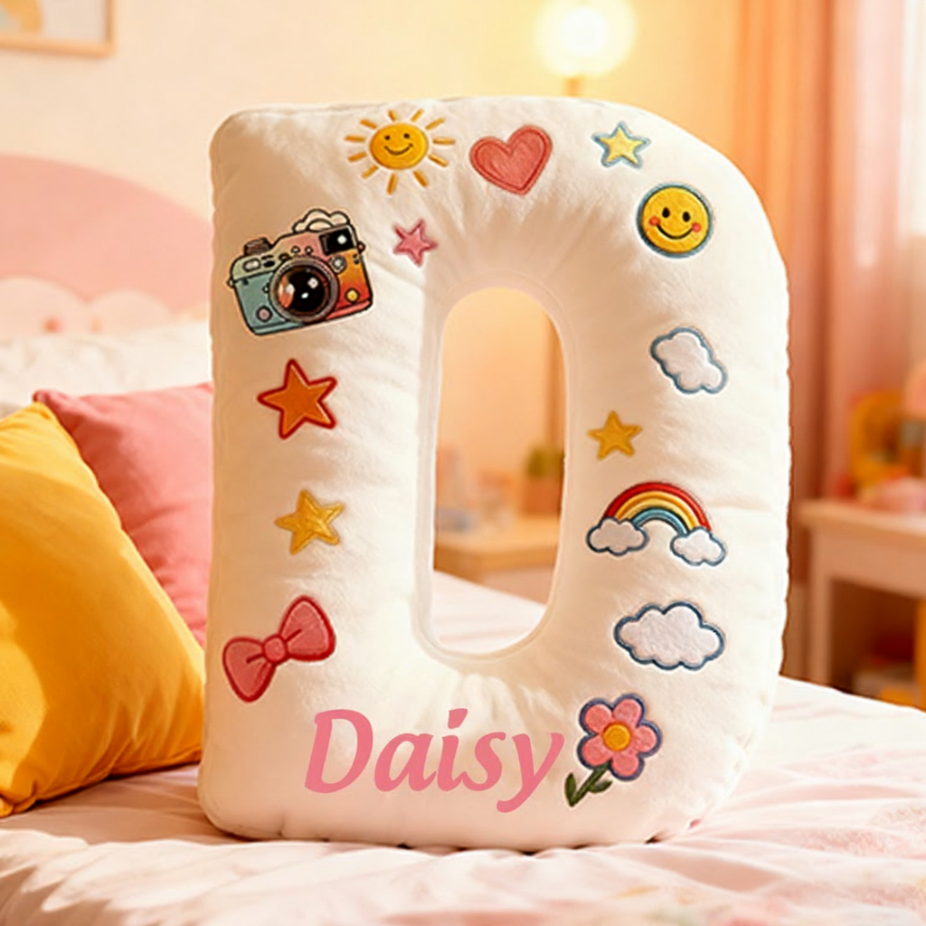 Personalized 26 Letters Shaped Christmas gift Pillow with Cute Camera Bowknots Flowers Smiley Faces Stars and Pastel Design Graphic 3D Print Pillow