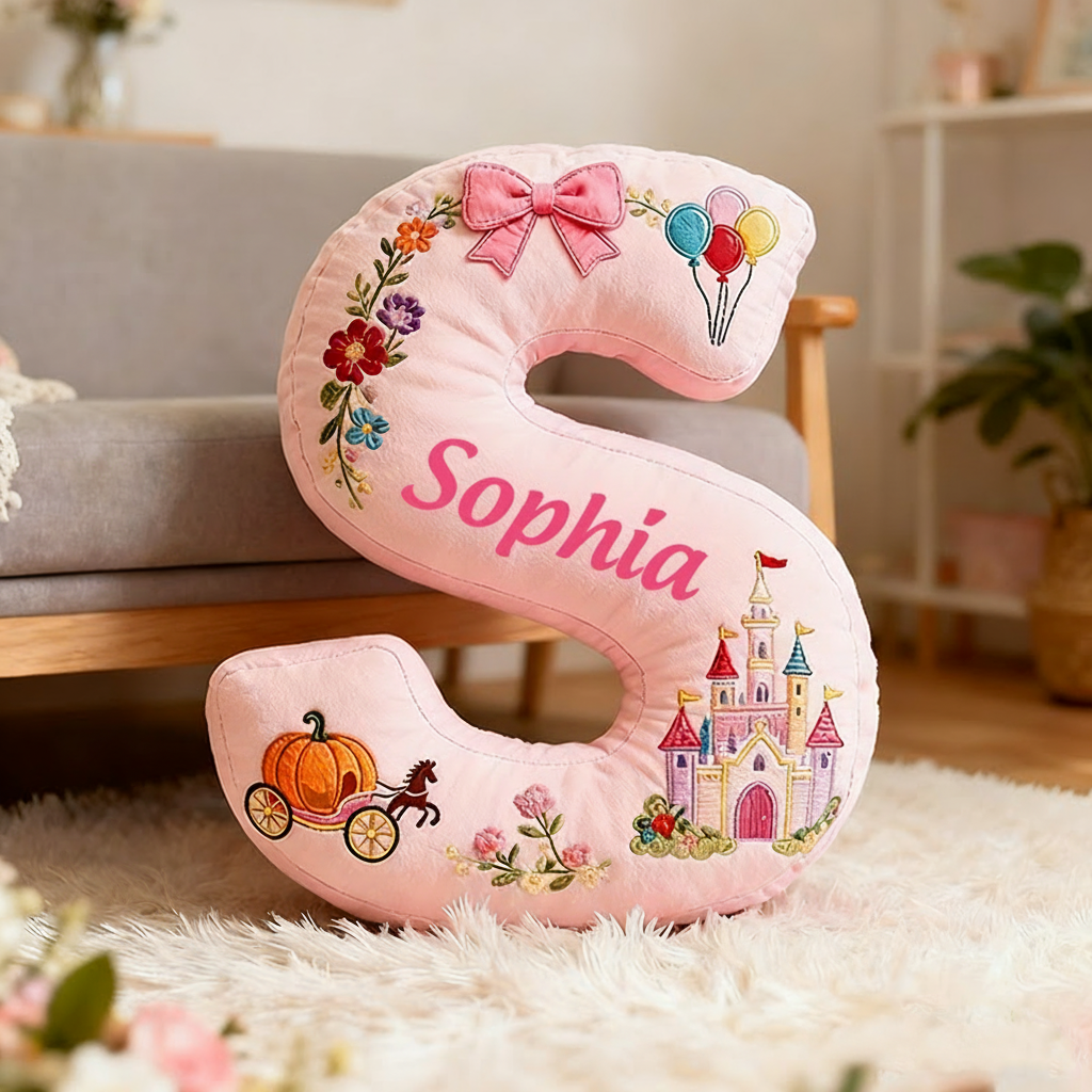Personalized Pink Letter Christmas Gift Pillow with Castle Pumpkin Carriage Rainbow for a Fairytale Inspired Design Graphic 3D Print Pillow