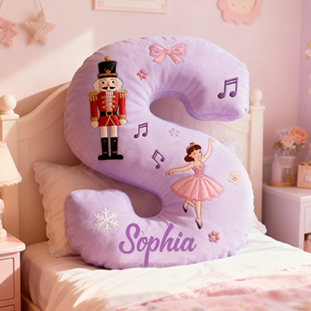 Personalized 26 Letter Purple Pillow with Nutcracker Ballerina Music Notes Snowflakes Bows and Enchanting Ballet Themed Design Graphic 3D Print Pillow Sale-megacustom