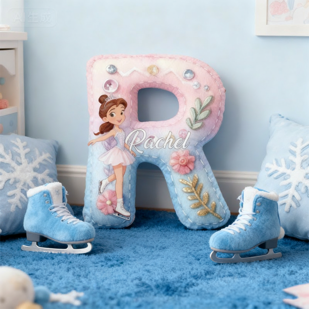 Personalized Graphic 3D Print Cartoon Ice Skating Girl Alphabet Shaped Pillow for Ice Skate Lovers Initial Pillow Christmas Gift for Kids