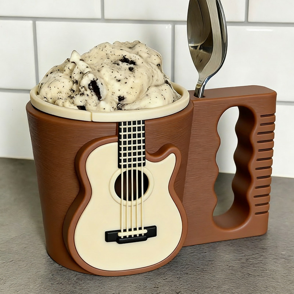 Personalized Guitar Music Ice Cream Pint Holder with Spoon Slots Eco-Friendly 3D Print for Music Lovers