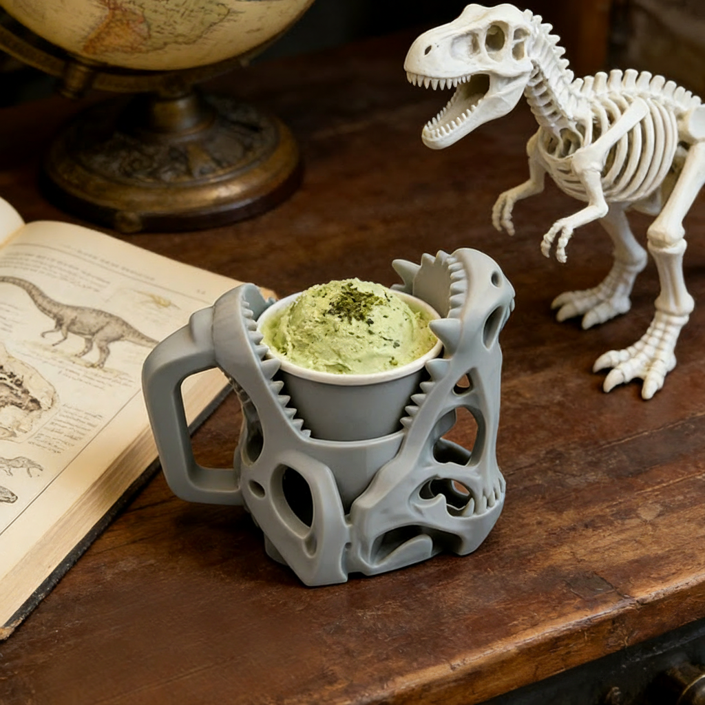 Personalized Dinosaur Skull Movie Ice Cream Pint Holder with Spoon Slots Eco-Friendly 3D Print for Movie Lovers