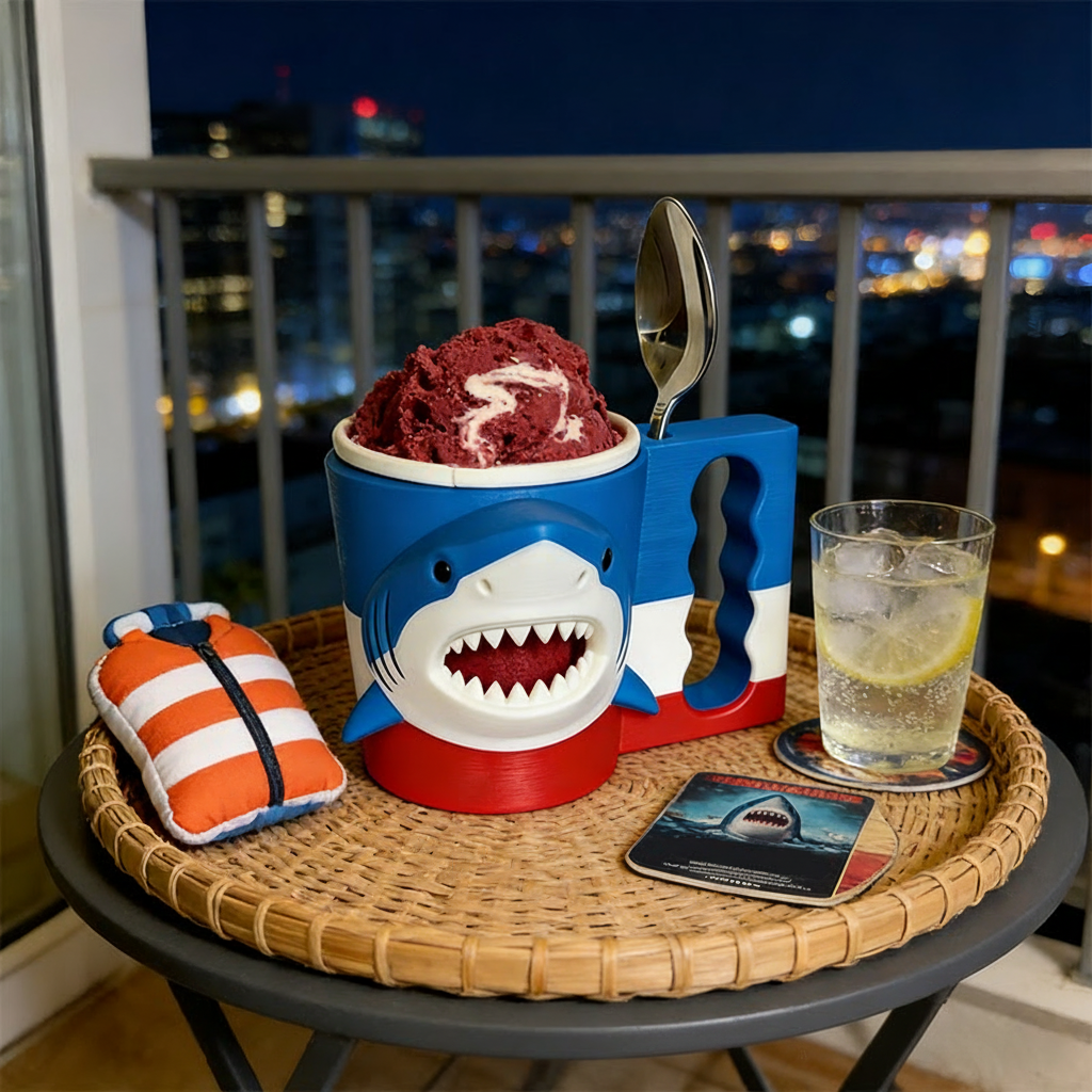 Personalized Shark Movie Ice Cream Pint Holder with Spoon Slots Eco-Friendly 3D Print for Movie Lovers