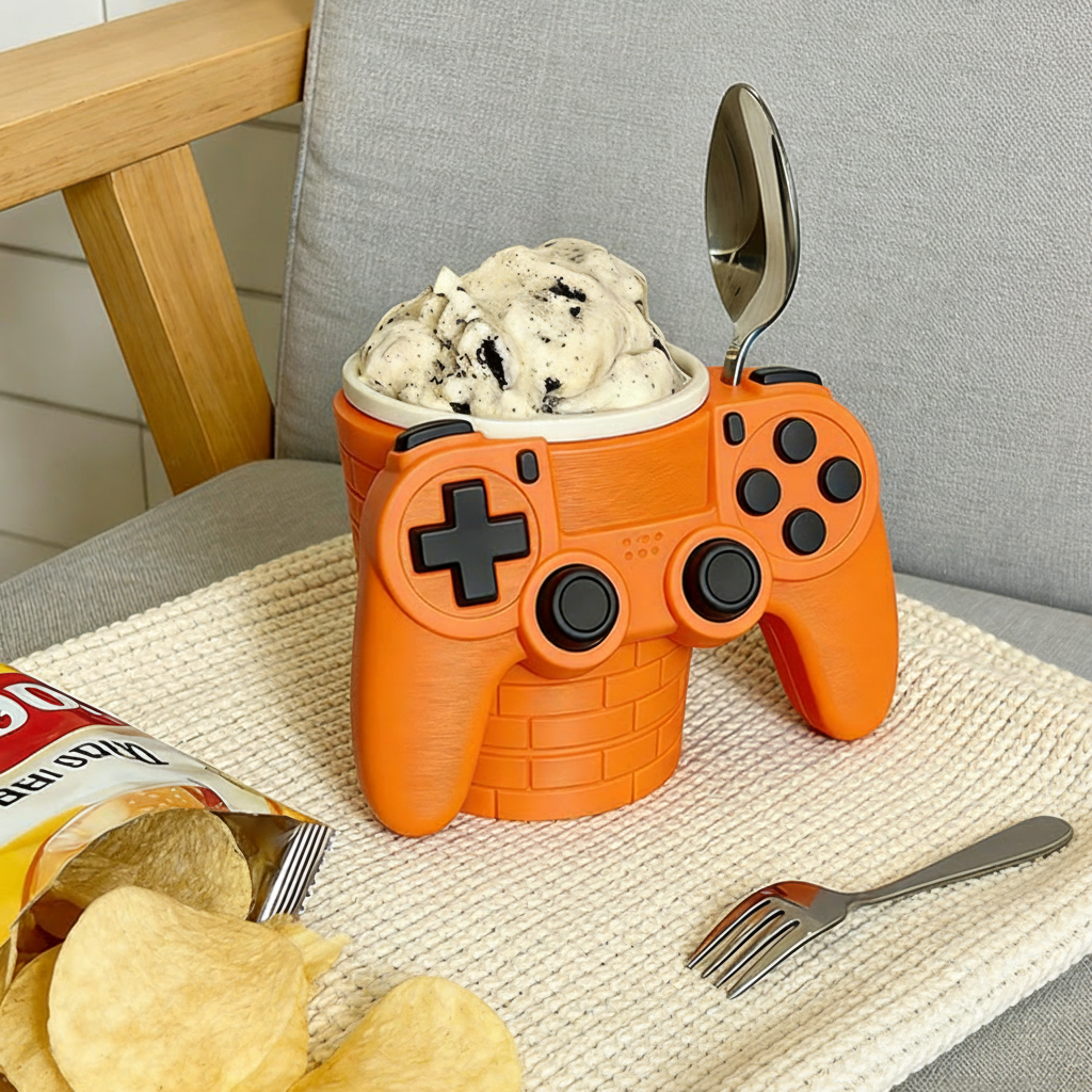 Personalized Game Controller Gamer Ice Cream Pint Holder with Spoon Slots Eco-Friendly 3D Print for Game Lovers