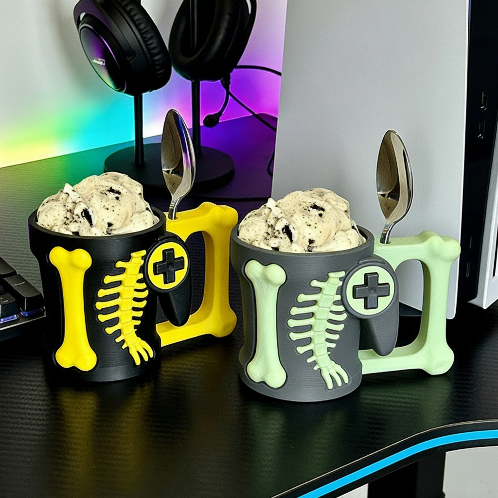 Personalized Couple Dinosaur Bone Controller Gamer Ice Cream Pint Holder with Spoon Slots Eco-Friendly 3D Print for Game Lovers
