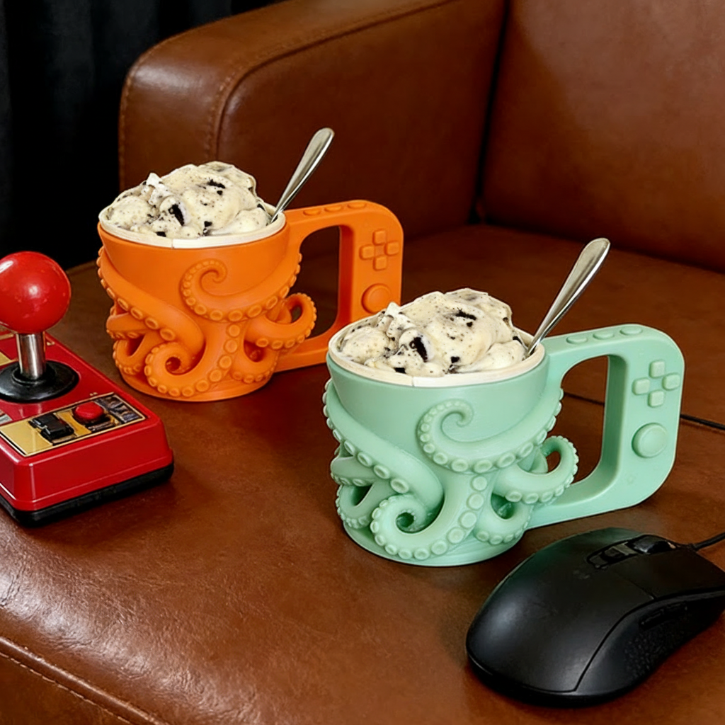Personalized Couple Tentacle Controller Gamer Ice Cream Pint Holder with Spoon Slots Eco-Friendly 3D Print for Game Lovers
